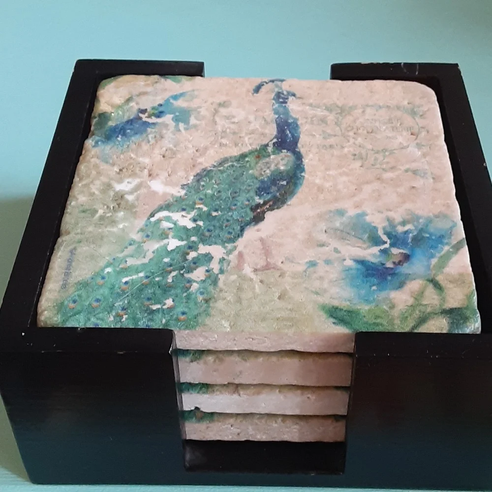 Peacock Image on 4"x4" natural stone coaster, set, walnut holder, cream blu/gr - Picture 1 of 14